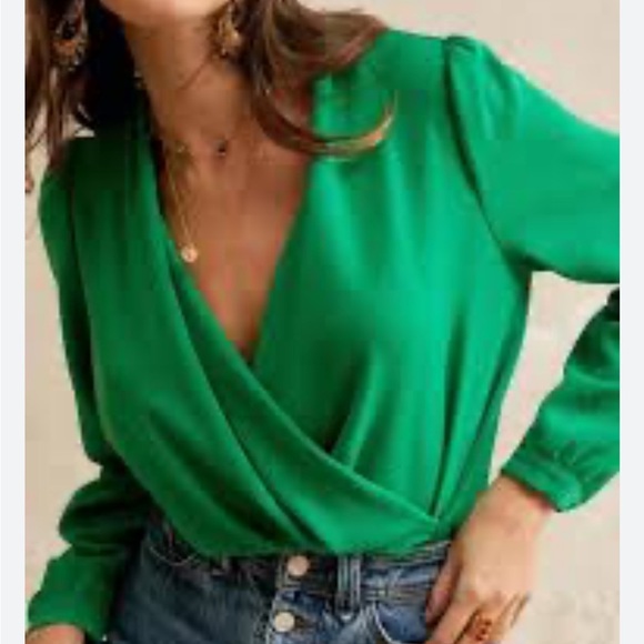Sezane Abelia Blouse Green Faux Wrap Top Vneck Draped Shirt Long Sleeve 34 US XS - Picture 10 of 13